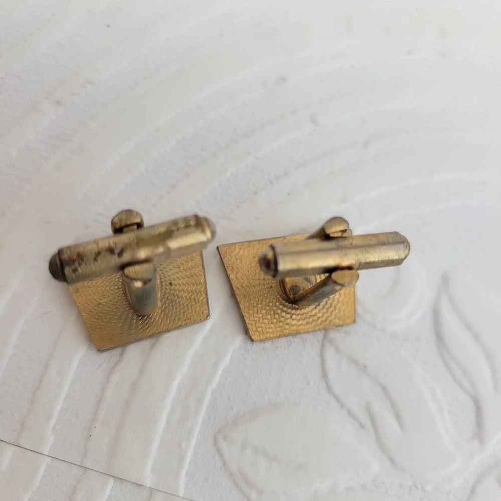 Vintage Mid Century Modern Geometric Gold Tone‎ Black Enamel Trapezoid Cufflinks